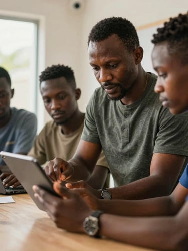 A close-up of a modern professional workshop in Abidjan, a mentor guiding young Ivorian professionals looking at a tablet, warm natural daylight, focus on active engagement.