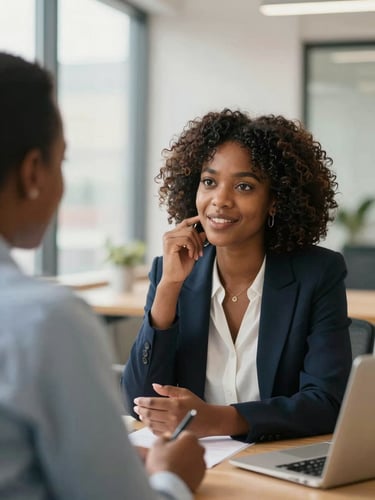 Medium-close shot of a young West African professional woman discussing career options with a mentor in a bright, modern Abidjan office. Warm natural daylight, professional and encouraging atmosphere, high clarity, realistic.