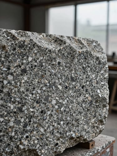Close-up portrait of rough-cut granite surface, deep in a workshop setting — chisel marks visible across the face of the stone, shallow depth of field, diffuse overcast daylight entering from a high side window, no people, texture dominant in the foreground
