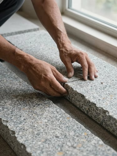 Close overhead view of a stone mason's hands aligning a granite section on a dry-laid course, natural diffuse workshop light from a high window, rough-cut stone face visible in the foreground, no tools posed — hands mid-work
