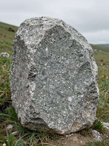 Close environmental portrait of a rough-hewn travertine block set into a sloped meadow site, overcast diffuse daylight, camera close enough to show the crystalline grain and tool marks on the stone face, surrounding grasses and soil visible at the edges, no people, no signage