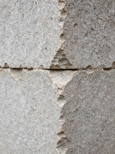 Extreme close detail of a travertine stone surface showing hand-carved joinery lines and weathered patina, photographed under soft overcast light, no people, no tools, tight framing on the stone face revealing mineral grain and surface texture built up over years outdoors