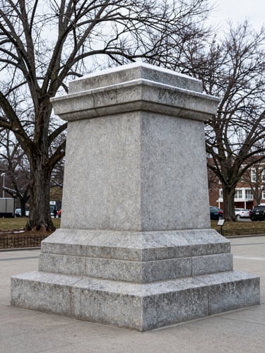 Wide environmental photograph of a granite civic monument set in a public plaza, photographed in early winter with bare trees behind it and frost-edged stone surfaces, overcast flat light revealing the aged patina and surface texture of the stone, no people, the surrounding landscape fully visible, stone joints and base detail clearly legible