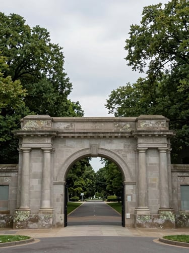 Wide environmental view looking toward a granite campus gateway arch set into a mature tree line, overcast midday light, stone surface weathered with lichen at the base, empty pedestrian path leading through the gate, low horizon, generous sky above