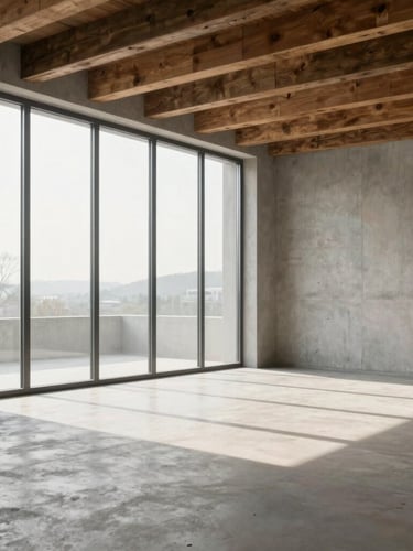 Framing: Architectural portrait vignette. Lighting: Soft morning daylight streaming through floor-to-ceiling windows. Subject: Empty minimalist room with clean concrete textures, wooden beams, and soft shadows on the floor. No people, no clutter.