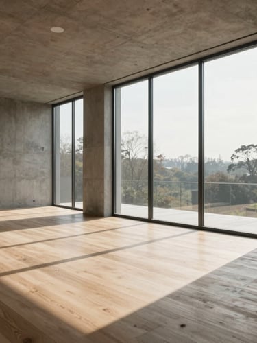Wide architectural shot of a minimalist concrete living room with floor-to-ceiling windows, soft morning sunlight casting long shadows on oak floors, editorial styling