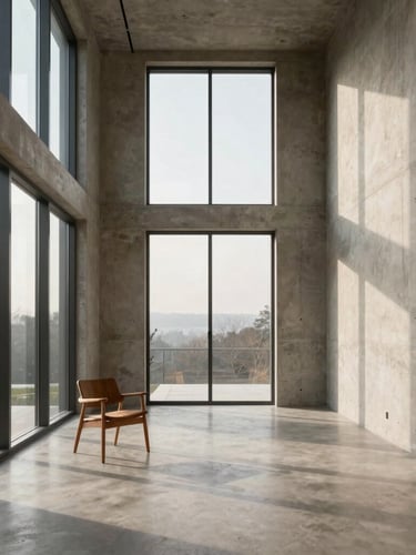 Wide-angle architectural interior of a sunlit living room with raw concrete walls, a single wooden chair, floor-to-ceiling windows showing soft morning daylight, vertical lines respected.