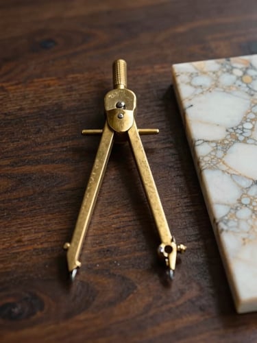 Plano arquitectónico detallado extendido sobre una mesa de madera oscura, un compás de latón y muestras de mármol a un costado, luz natural lateral enfocando las texturas.