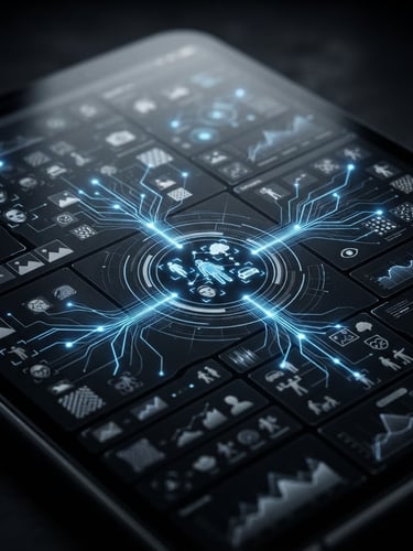 Portrait macro shot of a sleek digital interface displaying real-time image categorization, high-contrast monochrome with electric blue glowing lines, crisp studio light.