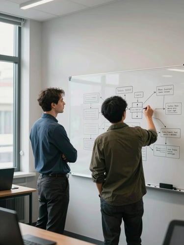Wide documentary shot of a consulting session in progress, a large whiteboard filled with annotated strategy diagrams to the right third, two people standing with backs to camera reviewing the board, natural office window light from the left, generous negative space on the left side