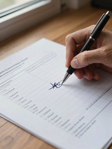Extreme close-up of hands annotating a printed strategy document on a wooden desk, a pen circling a cost-structure table, natural daylight from a window to the upper left, ink marks and handwritten margin notes visible, documentary texture