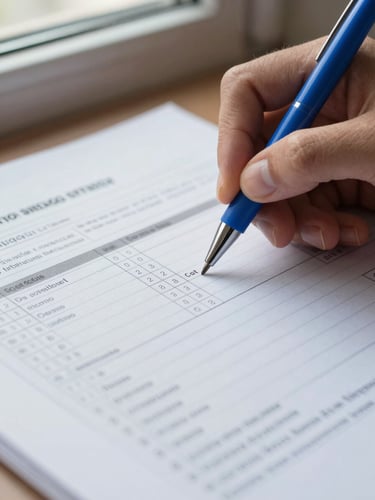 Extreme close-up of hands annotating a printed strategy document on a desk, a blue ballpoint pen marking a cost-structure table, natural daylight from a window to the upper left, surface texture of the paper visible, no faces