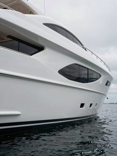 Wide environmental shot, close-up of a luxury yacht hull in overcast diffused daylight — smooth gelcoat surface curving into the waterline, tight framing on the geometric sweep of the bow, no people, no sky, material texture visible