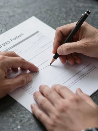 Close-up of two hands reviewing a printed financial document on a dark stone surface, a mechanical pencil marking a line, overcast studio light, tight framing with no background distractions