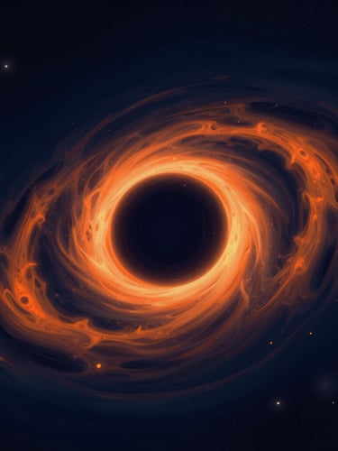 A highly detailed, semi-realistic digital illustration of a glowing black hole accretion disk, deep space background, vibrant orange and deep navy blue gas swirls