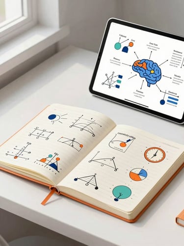 Top-down view of a clean study desk with an open physical notebook showing neat colorful physics diagrams, a modern tablet displaying a mental map, soft natural window light, organized aesthetic