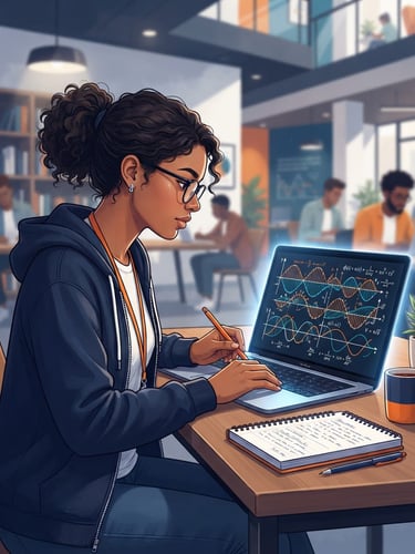 Clean semi-realistic digital illustration of a student analyzing a physics diagram on a glowing screen, navy and orange accents, soft studio lighting, modern educational aesthetic