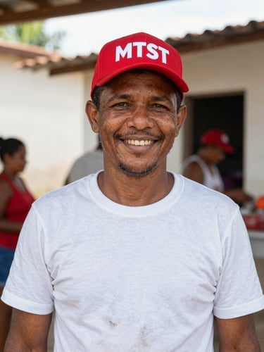 Authentic portrait of an MTST activist wearing the official red cap, smiling warmly in a community kitchen in Rio de Janeiro, bright natural daylight, 35mm lens.