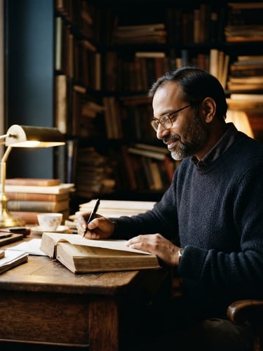 A warm, professional portrait of Basant, a scholar in a sunlit study, low-key moody lighting, deep midnight and brass tones, shallow depth of field, 35mm.