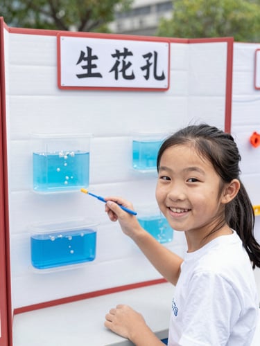A bright candid photo of a 10-year-old girl smiling next to her school science fair display board about water filtration, natural daylight.