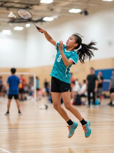 Dynamic action freeze of a young girl in a bright teal jersey leaping to smash a shuttlecock, high-energy gym lighting, shallow depth of field.