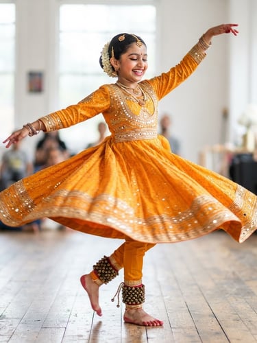 Action freeze of a young girl spinning in a traditional warm marigold Kathak dress, ankle bells catching the stage light, dynamic motion blur, bright daylight studio.