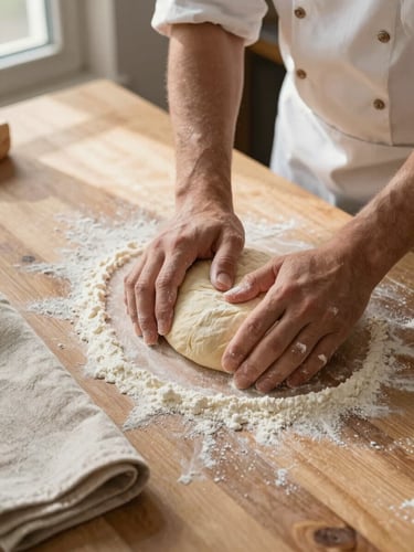 Close overhead angle of a baker's hands pressing dough on a flour-dusted wooden counter, early morning window light raking across the surface from the left, a linen cloth folded to the side, no faces visible