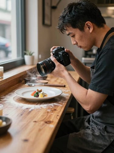 Close-up of agency photographer kneeling beside a wooden prep counter in a small restaurant kitchen, camera raised toward a plate being finished by a chef's hands, soft window light from the left, flour dust visible in the air, documentary-style framing