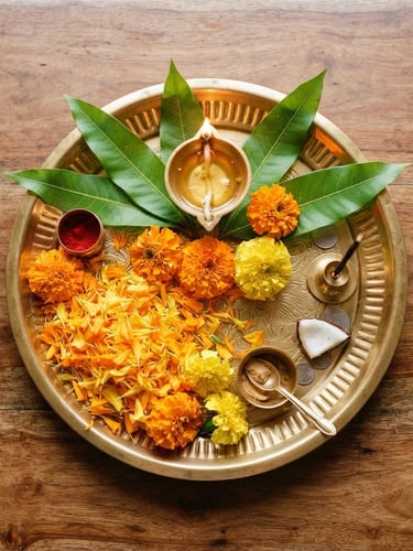 Top-down flat lay of a polished brass pooja plate with fresh marigold petals, a small oil lamp, and fresh green mango leaves on a warm wooden surface, bright morning light, 35mm