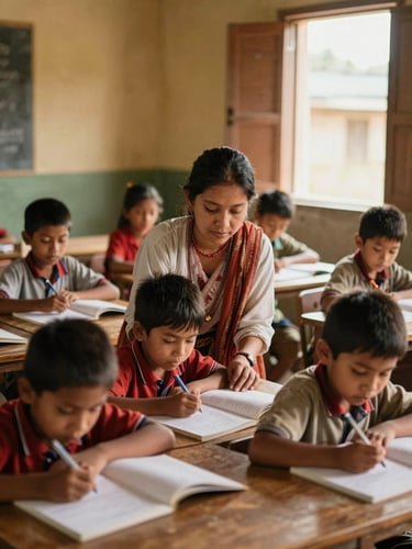 Nepalese teacher leading a classroom of children in a remote village, natural light, warm tones, children engaged in learning with local materials