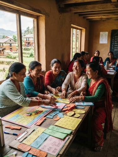 A wide shot of Nepalese teachers engaged in a lively training session in a rural classroom, natural window light, focused on hands-on learning materials, with a backdrop of traditional village architecture visible through the window. Shallow depth of field, rich organic tones.