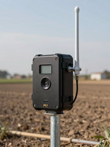 IP67-rated telemetry enclosure mounted on a galvanized steel post in an open agricultural field, crisp daylight, showing rugged casing and external high-gain antenna.