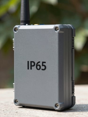 Straight-on technical product view of a rugged IP67 telemetry controller unit, industrial matte gray casing with visible mounting brackets and external cellular antenna, crisp high-contrast daylight.