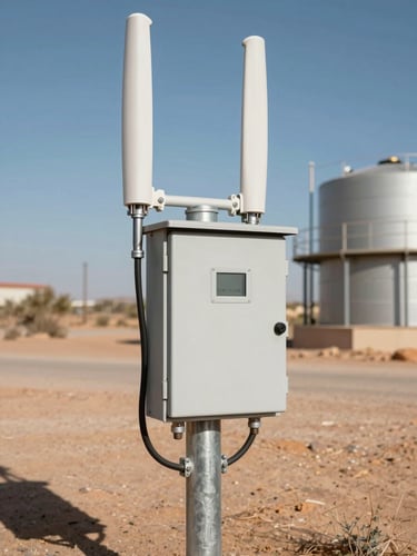 Rugged industrial telemetry control box with cellular antenna, mounted on a galvanized steel post next to a rural water tank, harsh desert sun, high-contrast shadows.