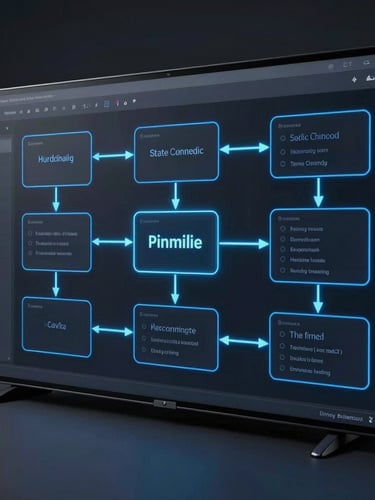 High-fidelity UI wireframe of an automated state change pipeline, crisp electric-blue vector lines connecting node cards, dark mode interface, sharp cool-toned studio light