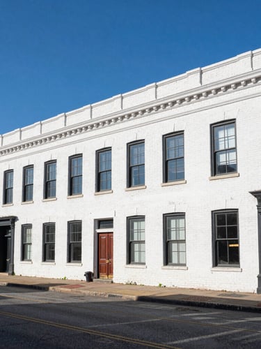 Wide-angle architectural photograph of historic Beale Street brick buildings in bright morning daylight, clean shadows, deep blue sky, professional editorial style.