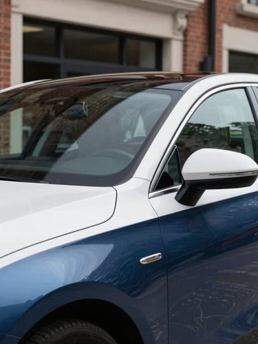 Medium-close detail of a clean, sophisticated modern sedan parked near a classic brick storefront under bright, natural daylight, professional editorial photography.