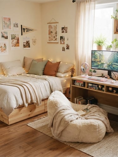 Sunlit teen bedroom with a low-profile storage bed, a pastel wood gaming desk, and a faux fur bean lounger, diffused morning light, shallow depth of field, 35mm