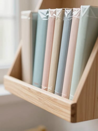 Close-up of a neatly packed pastel wood floating book rack with protective wrapping, bright diffused morning light, shallow depth of field, 35mm