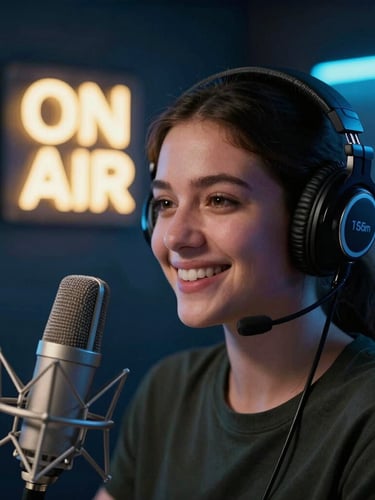Medium close-up of a smiling young female radio speaker with headphones in a dark studio with neon blue and gold ambient lights, professional broadcast microphone, glowing ON AIR sign in the background, shallow depth of field, 35mm