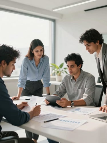 Wide environmental shot of a modern collaborative workspace in Gurugram, high-key daylight, clean cool shadows, professionals reviewing financial documents on a tablet.