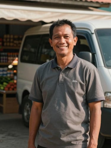 An Indonesian micro-entrepreneur smiling proudly in front of his local grocery shop with his delivery van parked beside him, bright morning sun, eye-level medium shot.