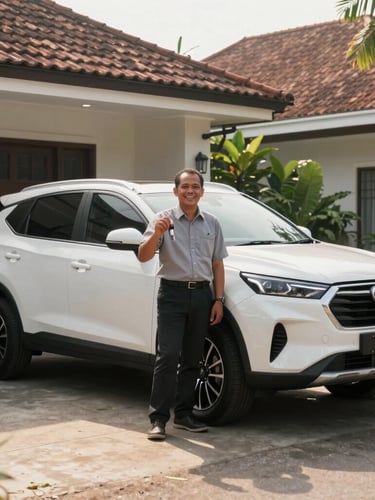 A clean modern SUV parked in a bright, sunlit Indonesian family home driveway. A local Indonesian business owner stands next to the car smiling, holding keys, shot at eye-level, warm natural morning light.
