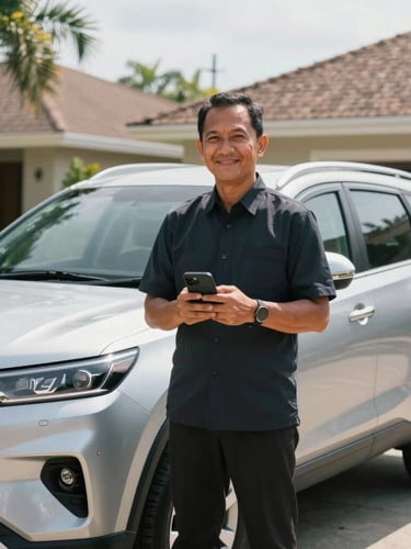 Eye-level medium shot of an Indonesian professional standing next to a clean silver SUV in a bright, sunlit suburban driveway, holding a smartphone with a confident smile, natural daylight.
