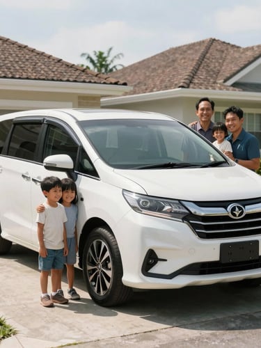An Indonesian family smiling in front of their clean, modern MPV car parked in a bright, sunny suburban driveway.