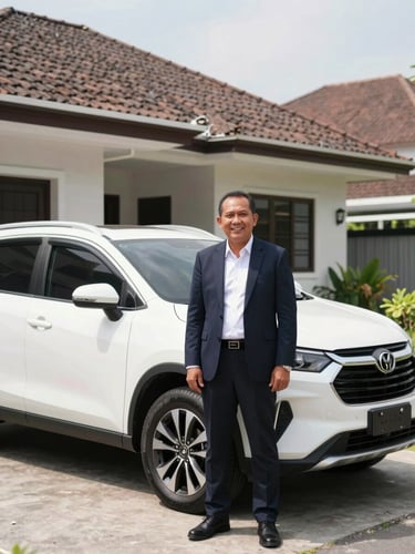 Medium eye-level shot of an Indonesian business owner smiling beside a clean modern SUV parked in front of a bright, sunlit family home, natural daylight, high-trust atmosphere.