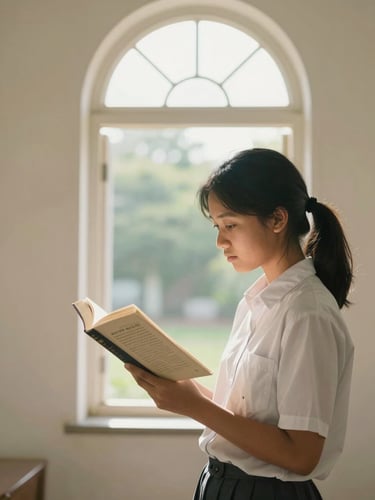 A serene Indonesian student reading a classical book near an elegant arched window, soft natural morning light, warm cream tones, 35mm lens