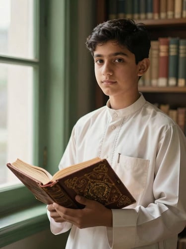 A serene portrait of a young student in traditional Islamic attire holding an ancient leather-bound manuscript inside a library filled with books, soft warm natural light filtering through a window, 35mm lens, atmospheric depth.