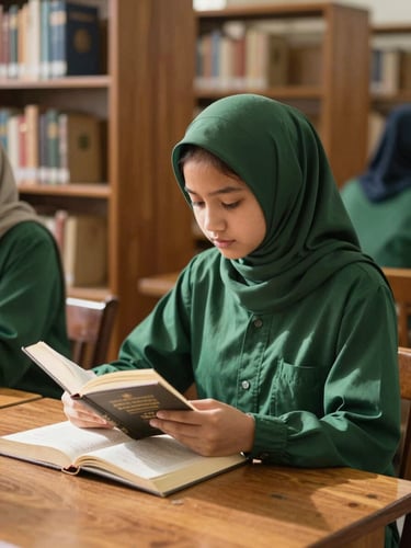 A focused young Muslim student in a green uniform reading a classical book in a sunlit wooden library, warm editorial photography, 35mm lens.