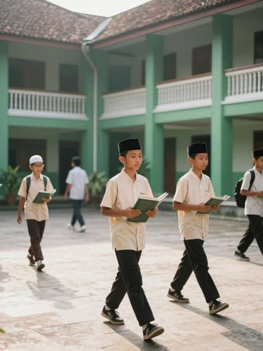Soft morning sunlight illuminating a serene green Islamic boarding school courtyard, students walking with books, traditional Indonesian pesantren architecture, 35mm lens editorial photography